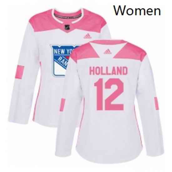 Womens Adidas New York Rangers 12 Peter Holland Authentic White Pink Fashion NHL Jersey